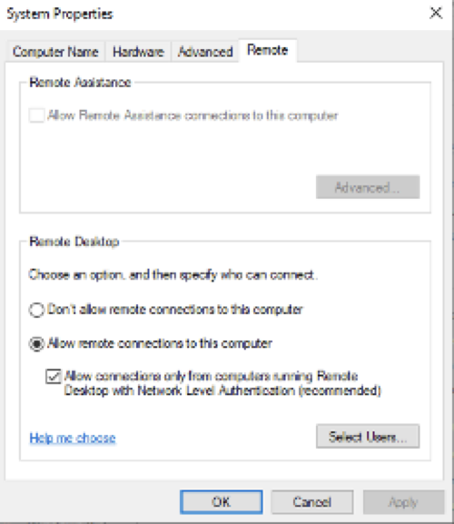 System Properties window highlighting the option to allow remote connections