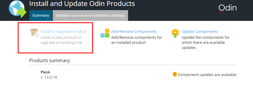 Install or Upgrade product button highlighted in red. 