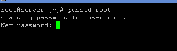 Screenshot of the Linux command line showing the "passwd" command to change root password