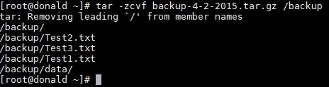 CODE: tar -zcvf backup-4-2-2015.tar.gz /backup