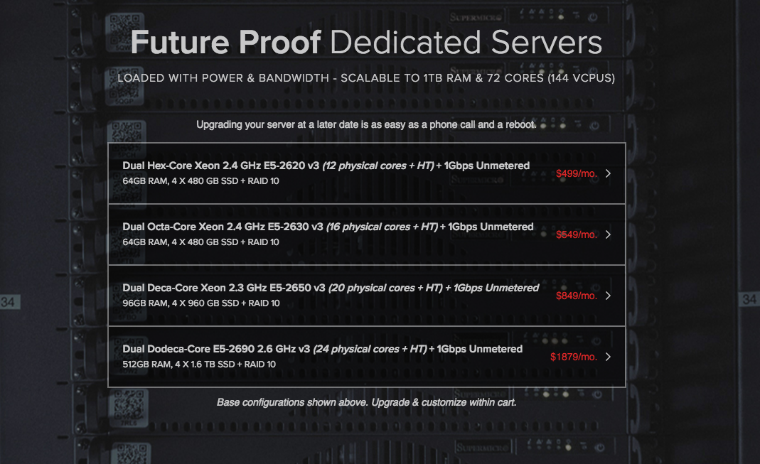 Hivelocity's 4 base configurations of Future Proof Dedicated Servers