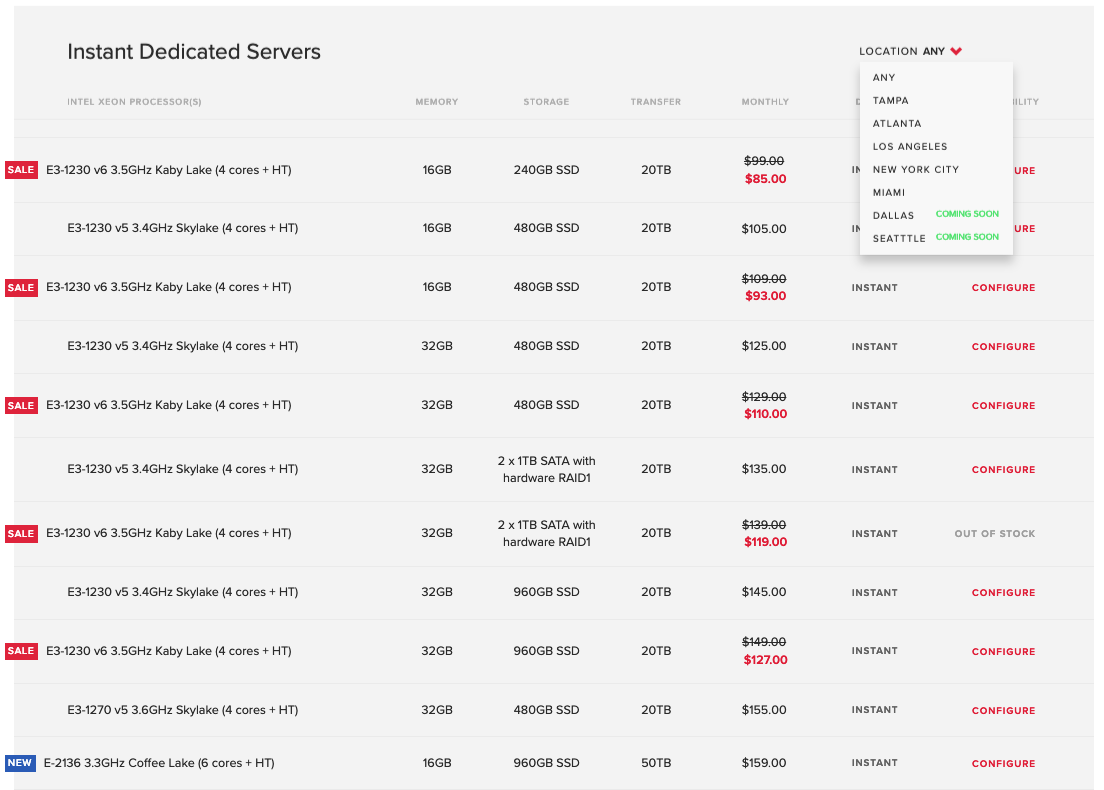 Screenshot of the Hivelocity Instant Deployment Servers page