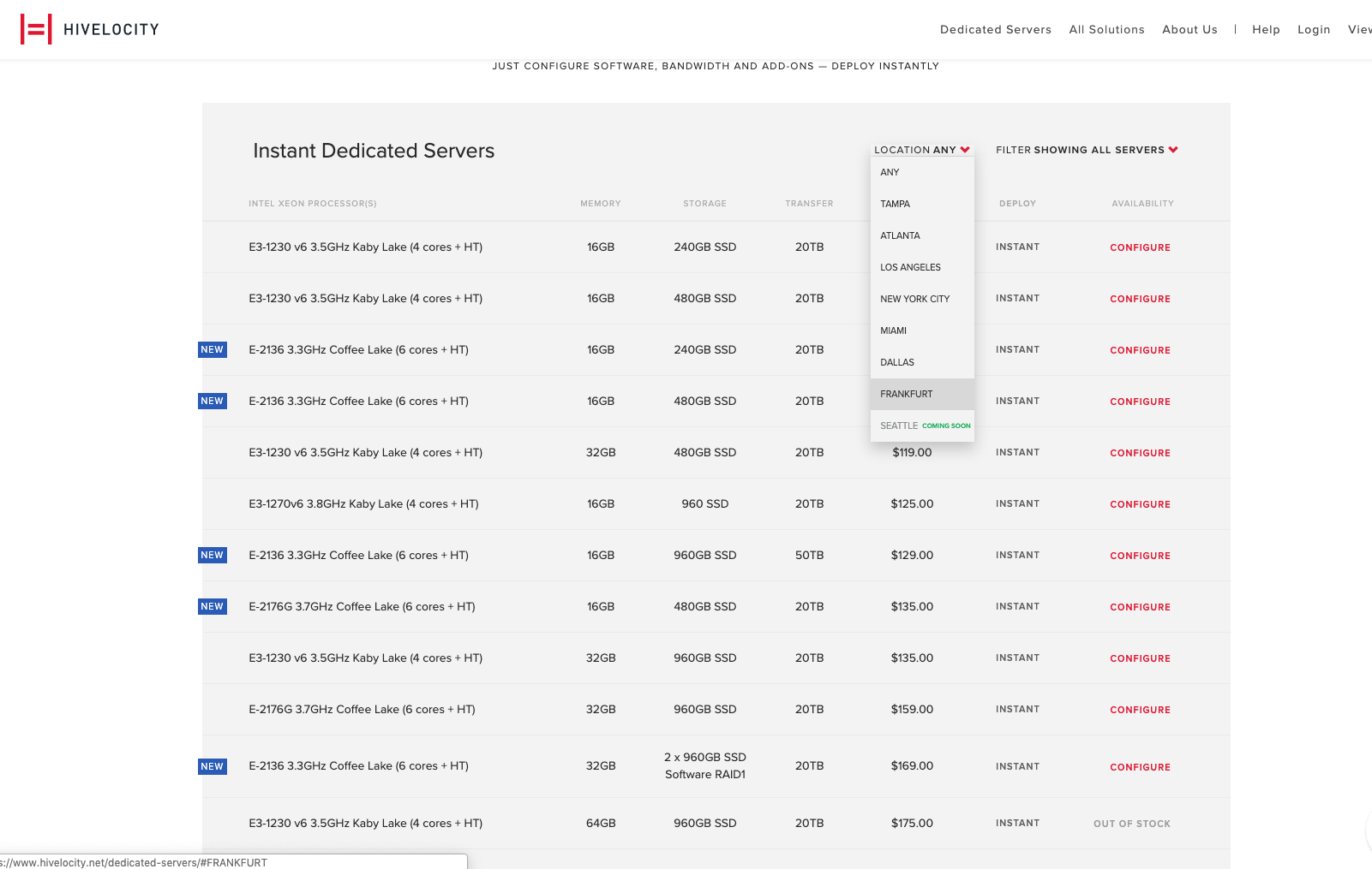 Screenshot of the Hivelocity Instant Deployment Servers page