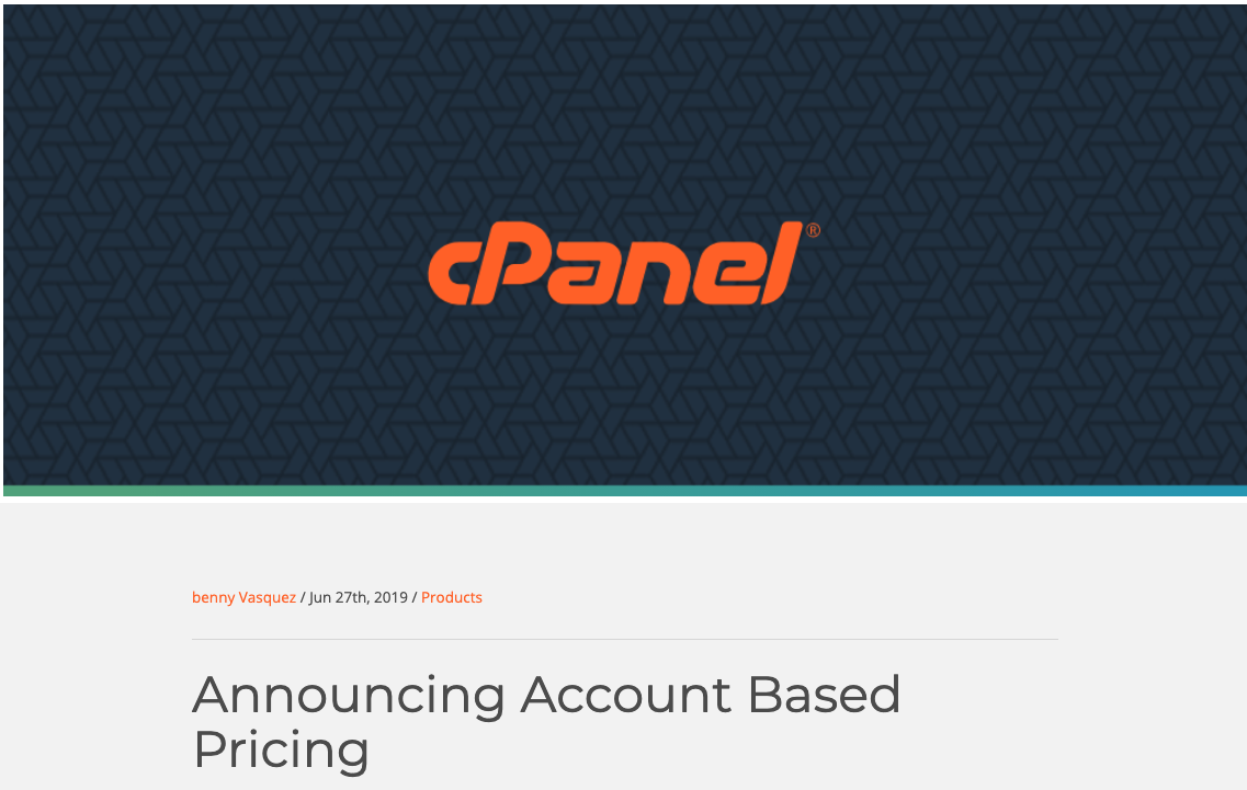 Screenshot showing cPanel logo and the text "announcing account based pricing"