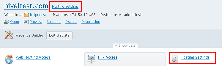 Dashboard showing the selected sample domain and highlighting the "Hosting Settings" option.