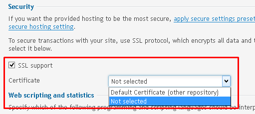 Security section of the Hosting Settings screen, highlighting the option for SSL support