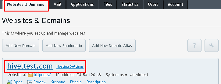 Websites and Domains tab under Plesk that shows the domain needed. 