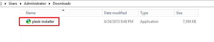 Downloads folder showing plesk-installer.exe file