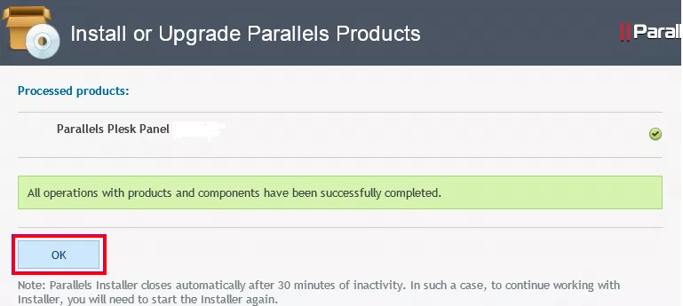 Completion page with the message "All operations with products and components have been successfully completed."