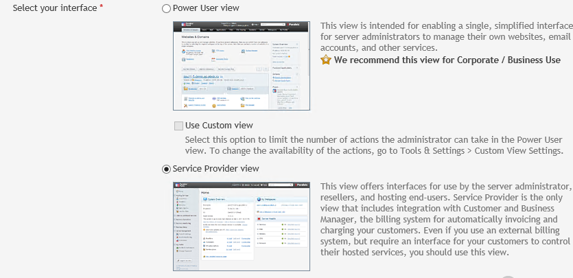 Interface selection screen showing options for "Power User view" and "Service Provider view"