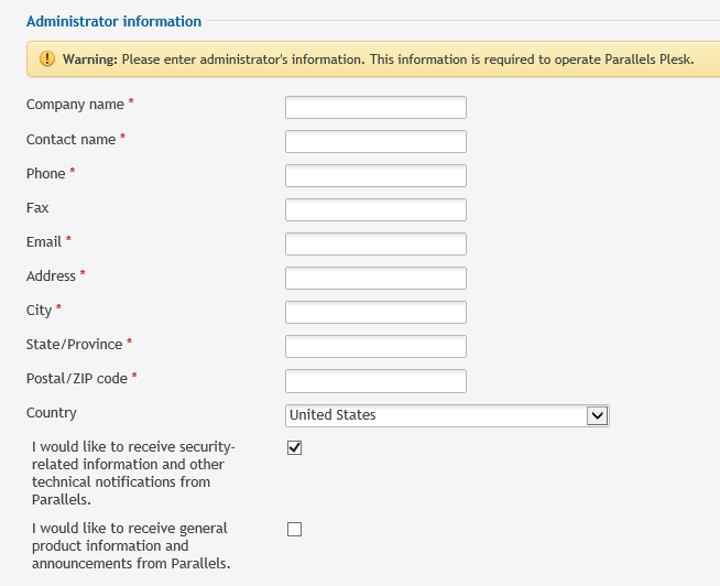 Administrator information screen with form fields for information including name, phone number, and more