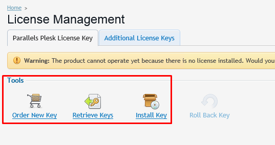 Final screen showing options within the license management such as order new key, retrieve key, or install key. 