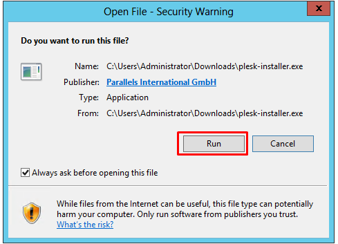 Security warning asking for approval to run the Plesk installer