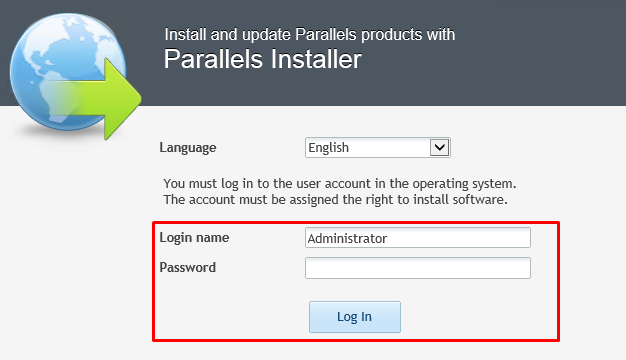 Plesk Parallels Installer window highlighting "Login name" and "Password"