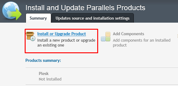 Plesk Parallels Installer window highlighting the "Install or Upgrade Product" option