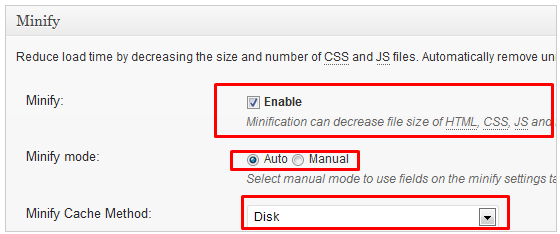 Minify options highlighted in red. 