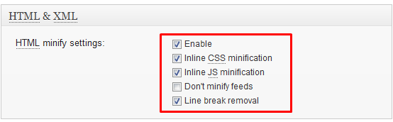 Check enable, inline CSS minifiaction, inline JS minification, and line break removal. 