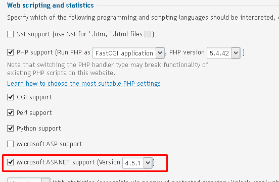 Microsoft ASP.NET support version highlighted in web scripting and statistics section 