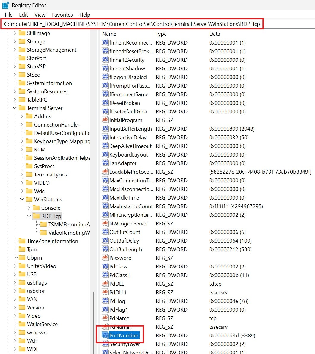 Registry Entry for RDP Port Number