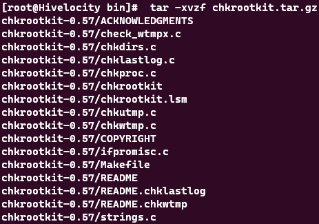 Screenshot showing the results of the tar -xvzf chkrootkit.tar.gz command.