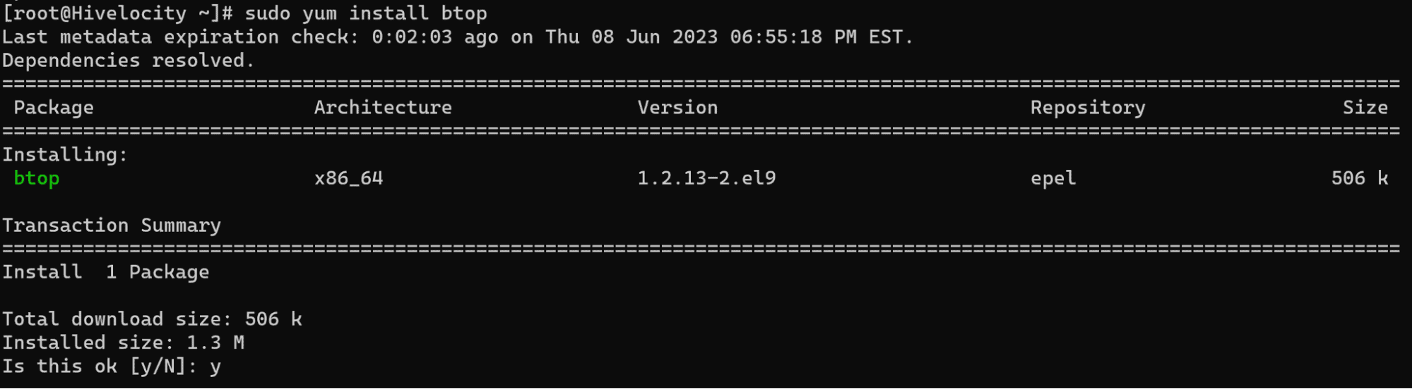 Screenshot showing the results of the command: sudo yum install btop