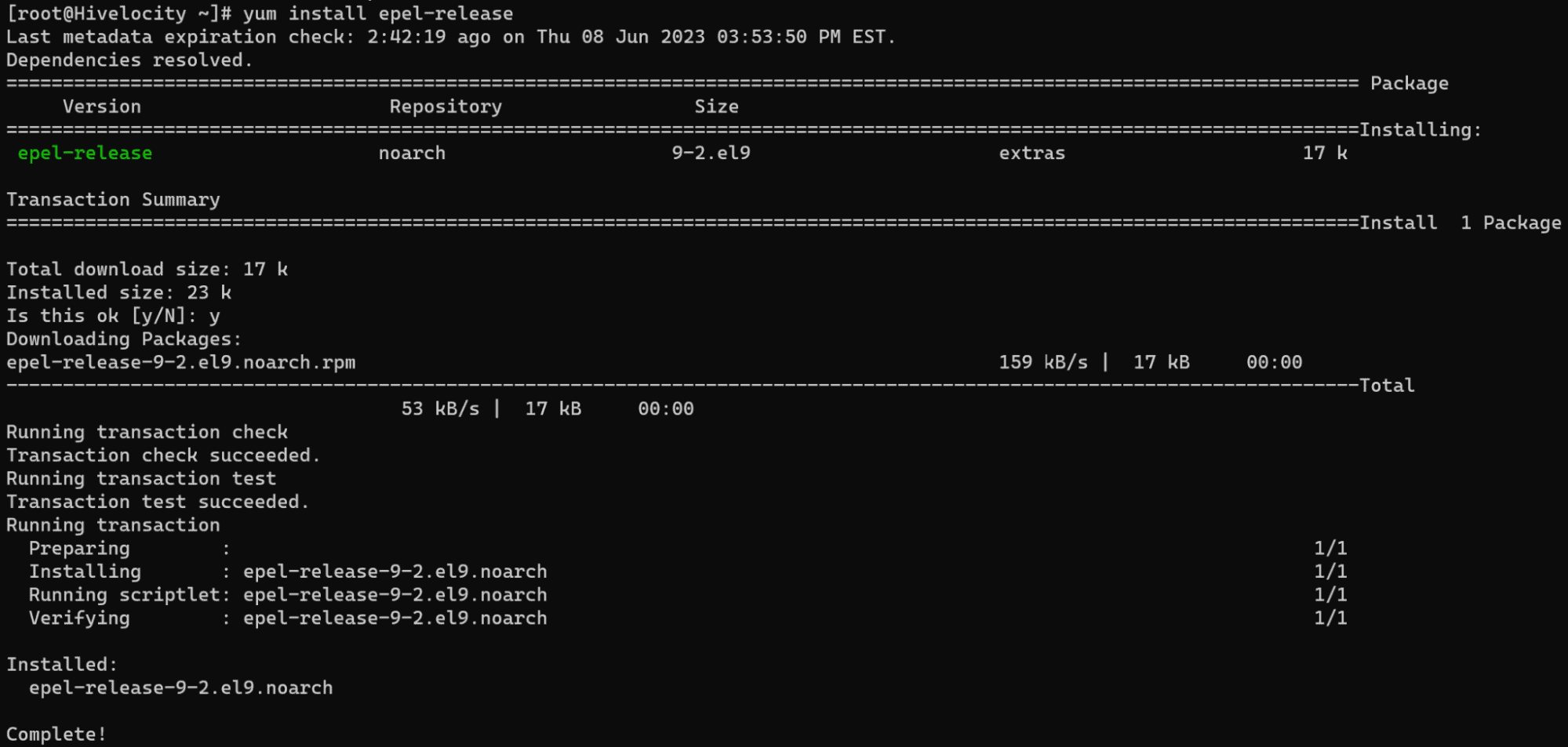 Screenshot showing the result of the yum install epel-release command.