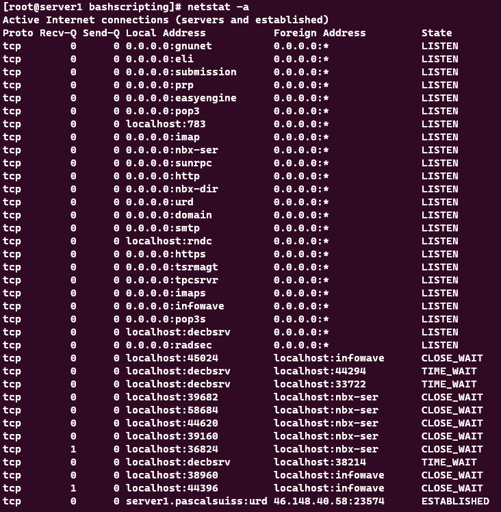 Screenshot showing the results of the netstat -a command.