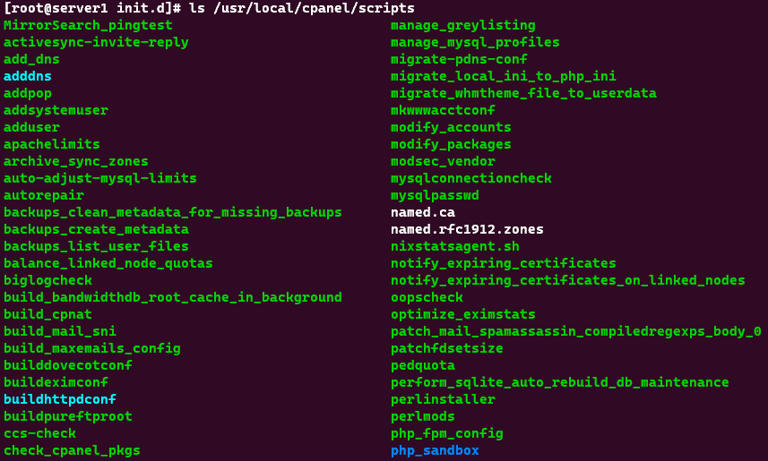 Screenshot showing the results of the ls /usr/local/cpanel/scripts command.