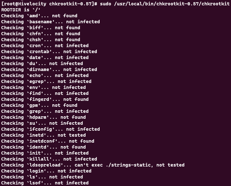 Screenshot showing the results of the sudo /usr/local/bin/chkrootkit-0.57/chkrootkit command.