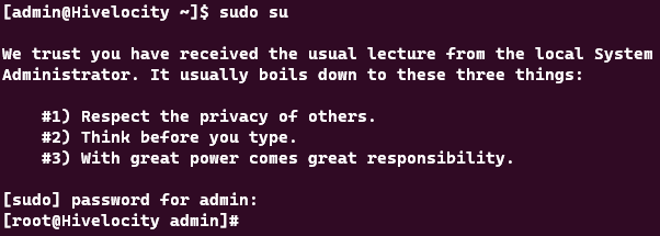 Screenshot showing the results of sudo su command.