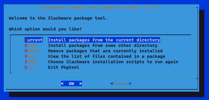 Screenshot showing the Slackware package tool.