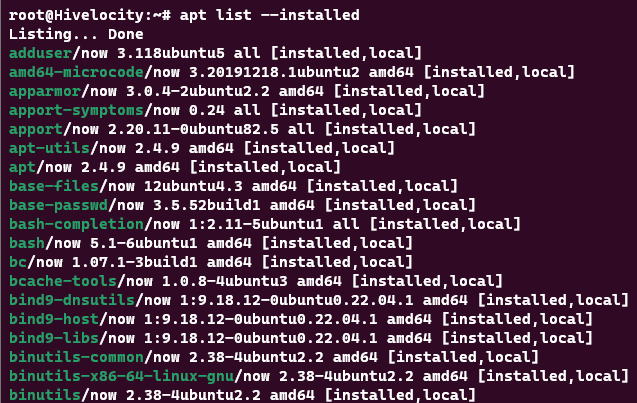 Screenshot showing the results of the apt list --installed command.