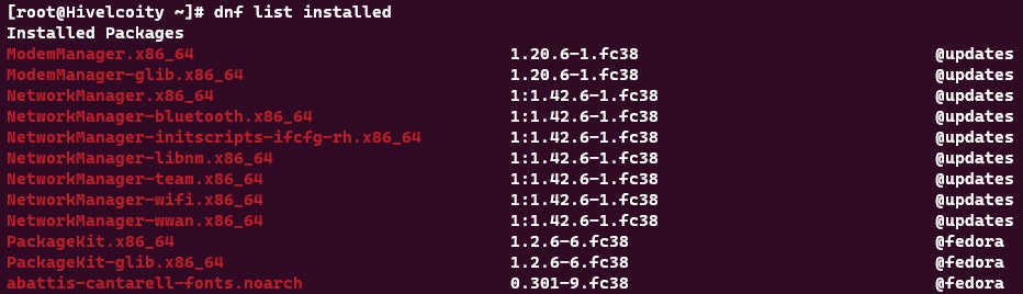 Screenshot showing the results of the dnf list installed command.