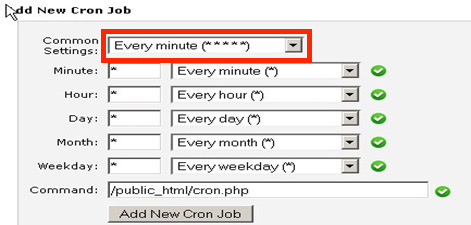Add New Cron Job window highlighting the "Common Settings" for recurring commands