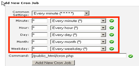 Add New Cron Job window highlighting the individual time settings for recurring commands
