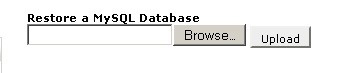 Restore a MySQL Database window showing an empty form field and the "Browse" button