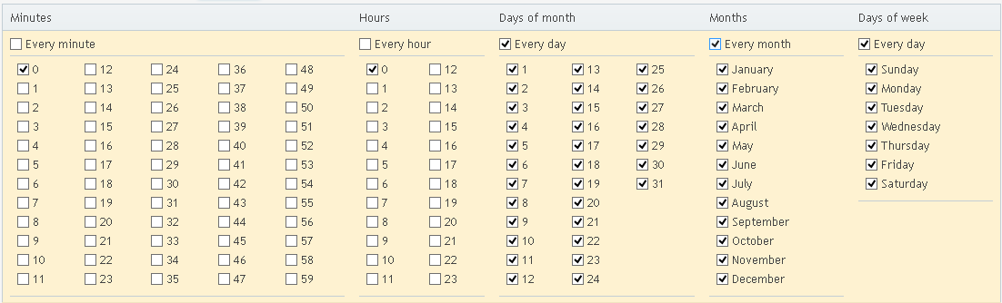 Sample calendar showing highlighting the option to schedule every day of every month