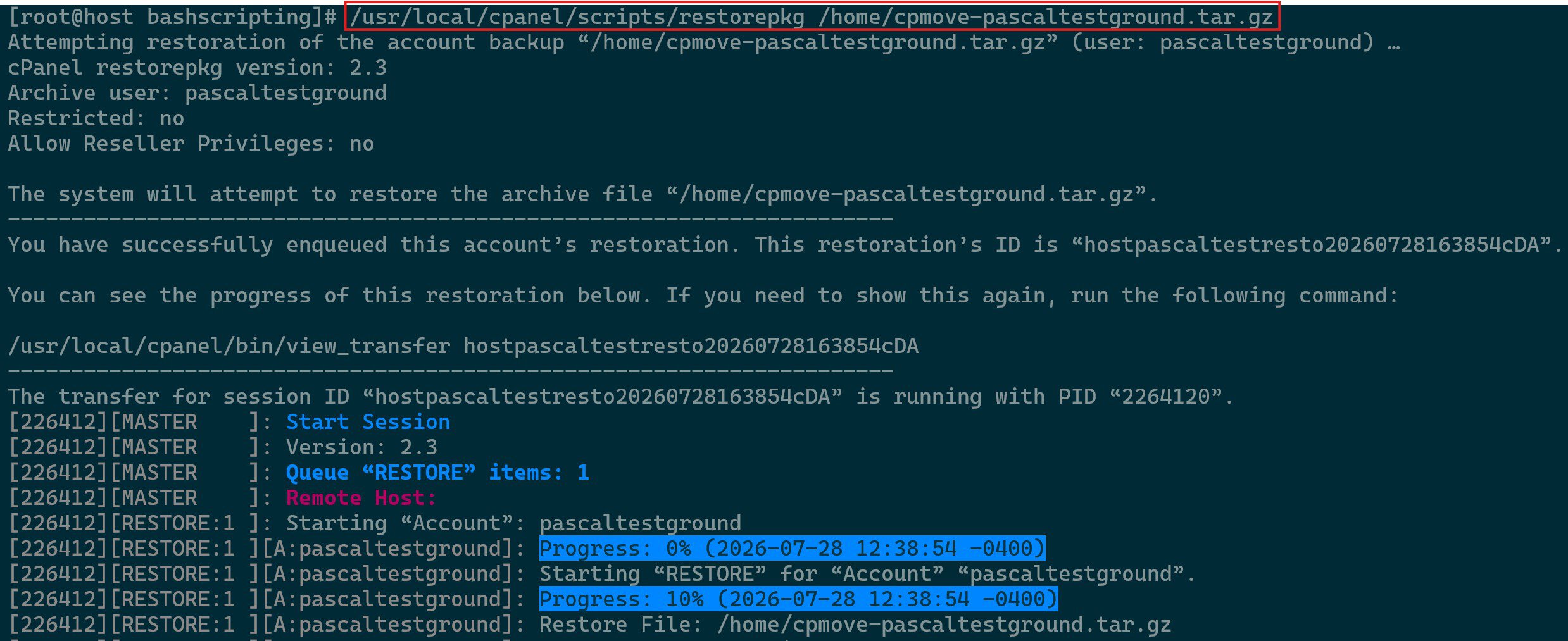 Restoring an Account Using restorepkg