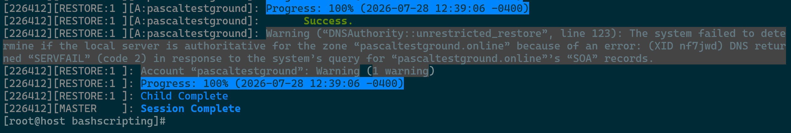 Completed Restoration of a pkgacct