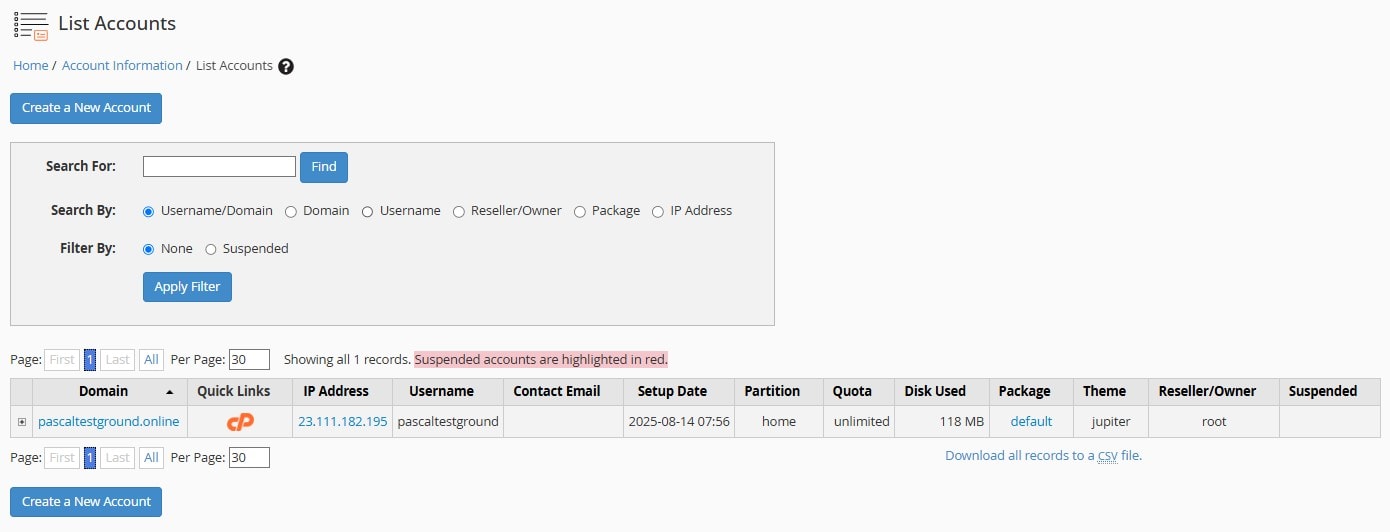 Account Visible within "List Account" in WHM