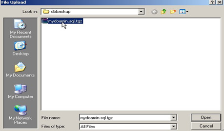 File Upload window highlighting the desired database backup file that is to be restored