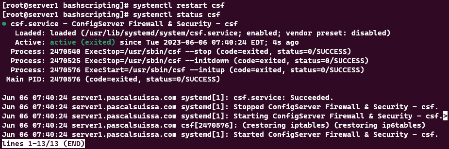 Screenshot showing the results of the systemctl restart csf command.