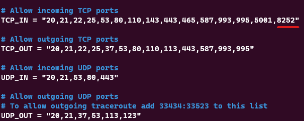 Screenshot of the /etc/csf/csf.conf file highlighting the addition of port 8252.