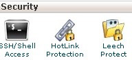 Screenshot showing the cPanel dashboard highlighting the security menu and the Leech Protect icon