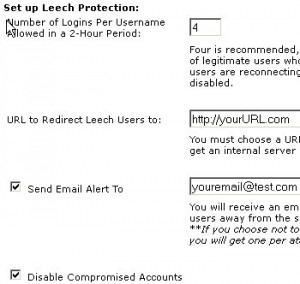 Leech Protection options including the number of logins, URL redirection, email alerts, and more