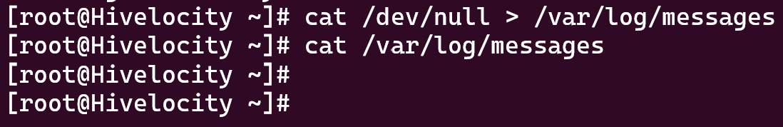 Screenshot showing the results of the cat /dev/null > /var/log/messages command.