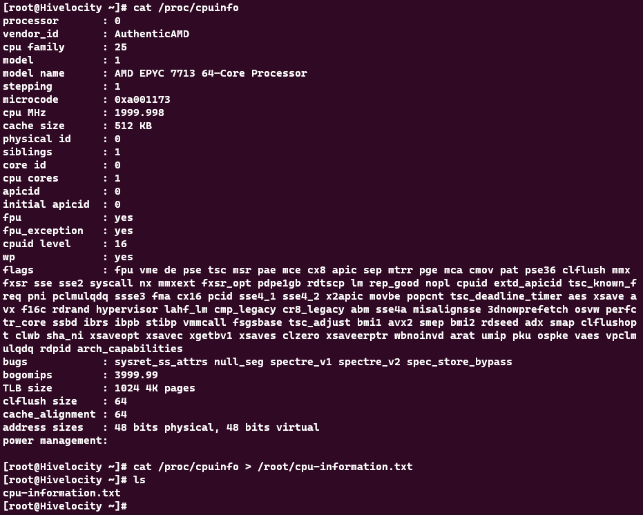 Screenshot showing the results of the cat /proc/cpuinfo > /root/cpu-information.txt command.