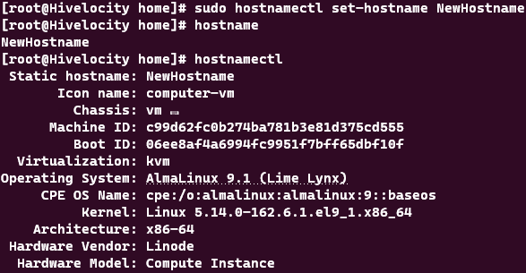 Screenshot showing the results of the sudo hostnamectl set-hostname NewHostname command.