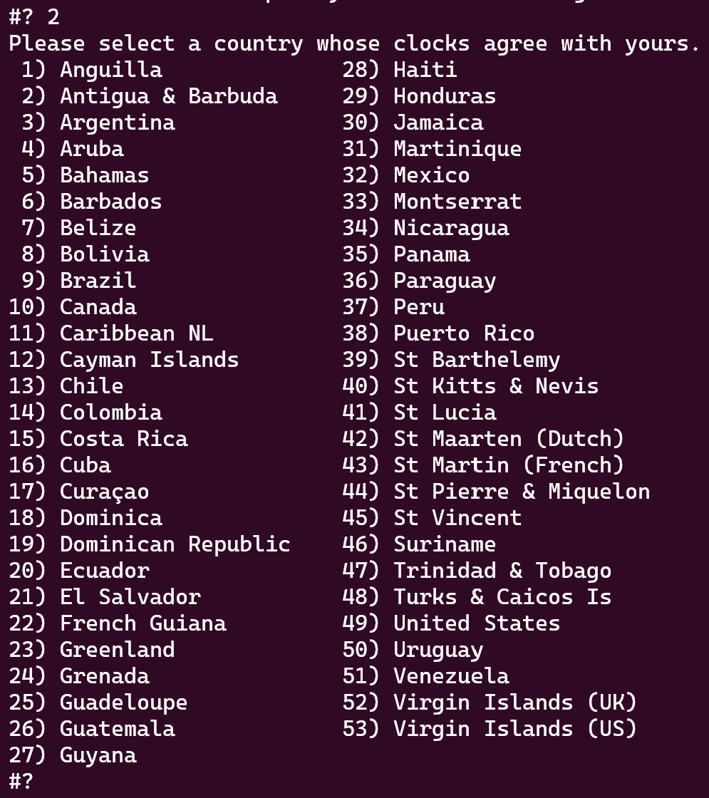 Screenshot showing a list of available countries.