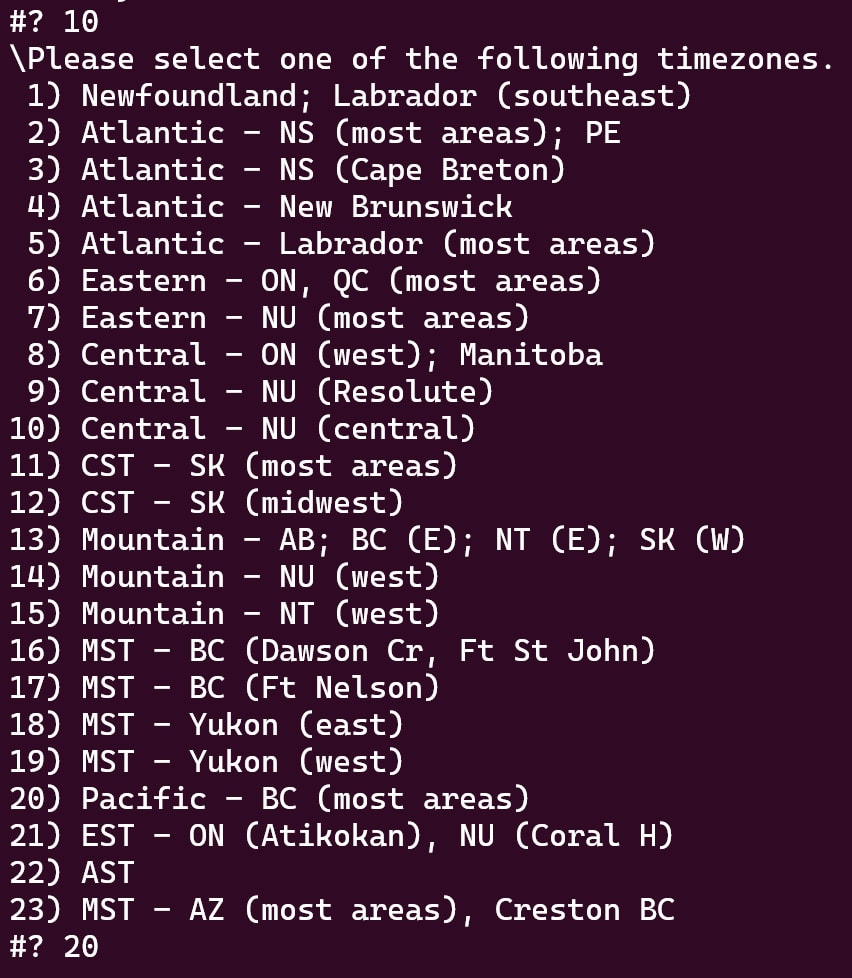Screenshot showing a list of available timezones.